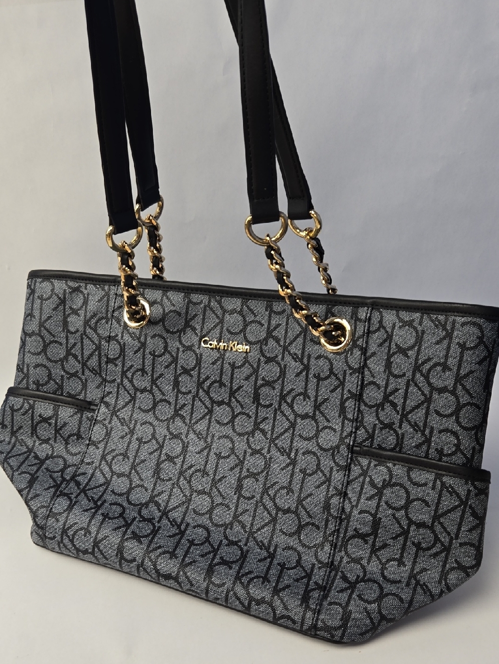 NWOT Calvin Klein Gray/Black Monogram Chain-Handle Tote